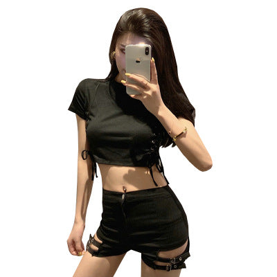 Double Buckle Design High Waist Stretch Tight Shorts For Women - ROUTINE FASHION